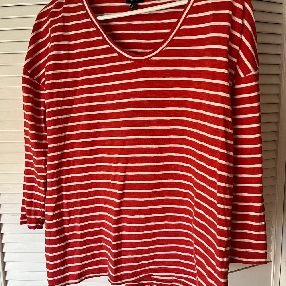 A Talbots, Red Orange and white striped V-neck T-shirt